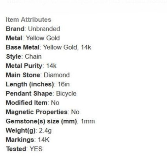 1mm Diamond 14K Yellow Gold High Wheel Bicycle 16 inch Necklace 2.4g - Picture 8 of 10